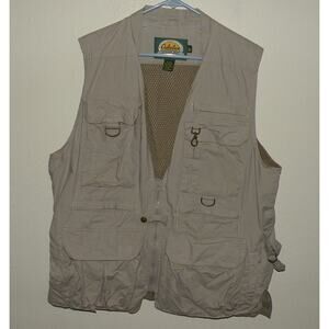 Cabela’s Men’s Large Photography Travel Utility Vest Tan Zipper 12 Pocket Vented